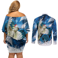 Sulphur-crested Cockatoo New Zealand Christmas In July Couples Matching Off Shoulder Short Dress and Long Sleeve Button Shirt NZ Aroha Koru Fern Marble Vibes