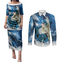 Sulphur-crested Cockatoo New Zealand Christmas In July Couples Matching Puletasi and Long Sleeve Button Shirt NZ Aroha Koru Fern Marble Vibes LT14 Blue - Polynesian Pride