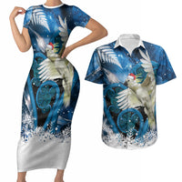 Sulphur-crested Cockatoo New Zealand Christmas In July Couples Matching Short Sleeve Bodycon Dress and Hawaiian Shirt NZ Aroha Koru Fern Marble Vibes LT14 Blue - Polynesian Pride