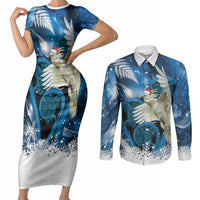 Sulphur-crested Cockatoo New Zealand Christmas In July Couples Matching Short Sleeve Bodycon Dress and Long Sleeve Button Shirt NZ Aroha Koru Fern Marble Vibes LT14 Blue - Polynesian Pride