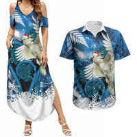 Sulphur-crested Cockatoo New Zealand Christmas In July Couples Matching Summer Maxi Dress and Hawaiian Shirt NZ Aroha Koru Fern Marble Vibes LT14 Blue - Polynesian Pride