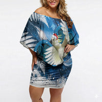 Sulphur-crested Cockatoo New Zealand Christmas In July Off Shoulder Short Dress NZ Aroha Koru Fern Marble Vibes LT14 Women Blue - Polynesian Pride