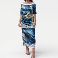 Sulphur-crested Cockatoo New Zealand Christmas In July Puletasi NZ Aroha Koru Fern Marble Vibes LT14 Long Dress Blue - Polynesian Pride