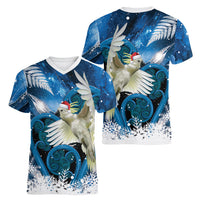 Sulphur-crested Cockatoo New Zealand Christmas In July Women V-Neck T-Shirt NZ Aroha Koru Fern Marble Vibes