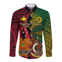 Vanuatu and Papua New Guinea Long Sleeve Button Shirt Vanuatuan With PNG Polynesian Pattern LT14 Unisex Black - Polynesian Pride