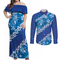 Vintage Blue Polynesia Couples Matching Off Shoulder Maxi Dress and Long Sleeve Button Shirt Plumeria With Hibiscus Tropical Vibes