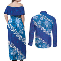 Vintage Blue Polynesia Couples Matching Off Shoulder Maxi Dress and Long Sleeve Button Shirt Plumeria With Hibiscus Tropical Vibes