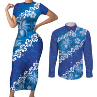 Vintage Blue Polynesia Couples Matching Short Sleeve Bodycon Dress and Long Sleeve Button Shirt Plumeria With Hibiscus Tropical Vibes