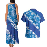 Vintage Blue Polynesia Couples Matching Tank Maxi Dress and Hawaiian Shirt Plumeria With Hibiscus Tropical Vibes