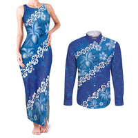 Vintage Blue Polynesia Couples Matching Tank Maxi Dress and Long Sleeve Button Shirt Plumeria With Hibiscus Tropical Vibes