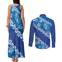 Vintage Blue Polynesia Couples Matching Tank Maxi Dress and Long Sleeve Button Shirt Plumeria With Hibiscus Tropical Vibes
