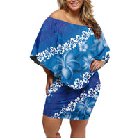 Vintage Blue Polynesia Family Matching Off Shoulder Short Dress and Hawaiian Shirt Plumeria With Hibiscus Tropical Vibes