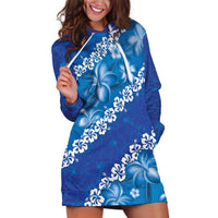 Vintage Blue Polynesia Hoodie Dress Plumeria With Hibiscus Tropical Vibes