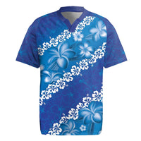 Vintage Blue Polynesia Rugby Jersey Plumeria With Hibiscus Tropical Vibes