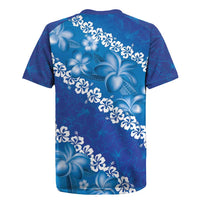 Vintage Blue Polynesia Rugby Jersey Plumeria With Hibiscus Tropical Vibes