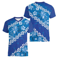 Vintage Blue Polynesia Women V-Neck T-Shirt Plumeria With Hibiscus Tropical Vibes