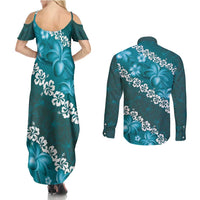 Vintage Dark Cyan Polynesia Couples Matching Summer Maxi Dress and Long Sleeve Button Shirt Plumeria With Hibiscus Tropical Vibes