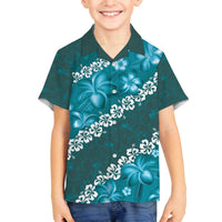 Vintage Dark Cyan Polynesia Family Matching Off The Shoulder Long Sleeve Dress and Hawaiian Shirt Plumeria With Hibiscus Tropical Vibes