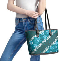 Vintage Dark Cyan Polynesia Leather Tote Bag Plumeria With Hibiscus Tropical Vibes