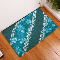 Vintage Dark Cyan Polynesia Rubber Doormat Plumeria With Hibiscus Tropical Vibes