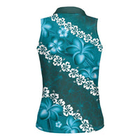 Vintage Dark Cyan Polynesia Women Sleeveless Polo Shirt Plumeria With Hibiscus Tropical Vibes