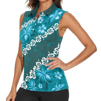 Vintage Dark Cyan Polynesia Women Sleeveless Polo Shirt Plumeria With Hibiscus Tropical Vibes