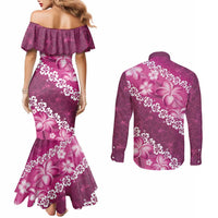 Vintage Pink Polynesia Couples Matching Mermaid Dress and Long Sleeve Button Shirt Plumeria With Hibiscus Tropical Vibes