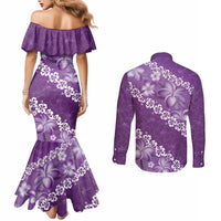 Vintage Purple Polynesia Couples Matching Mermaid Dress and Long Sleeve Button Shirt Plumeria With Hibiscus Tropical Vibes