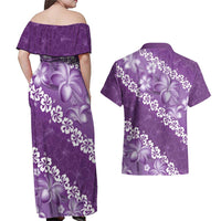 Vintage Purple Polynesia Couples Matching Off Shoulder Maxi Dress and Hawaiian Shirt Plumeria With Hibiscus Tropical Vibes