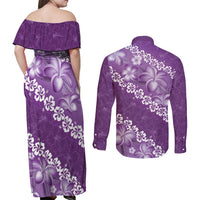 Vintage Purple Polynesia Couples Matching Off Shoulder Maxi Dress and Long Sleeve Button Shirt Plumeria With Hibiscus Tropical Vibes