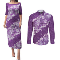 Vintage Purple Polynesia Couples Matching Puletasi and Long Sleeve Button Shirt Plumeria With Hibiscus Tropical Vibes