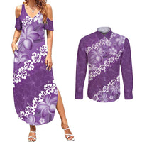 Vintage Purple Polynesia Couples Matching Summer Maxi Dress and Long Sleeve Button Shirt Plumeria With Hibiscus Tropical Vibes