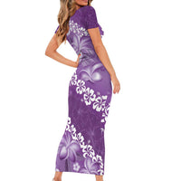 Vintage Purple Polynesia Short Sleeve Bodycon Dress Plumeria With Hibiscus Tropical Vibes LT14 - Polynesian Pride