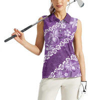 Vintage Purple Polynesia Women Sleeveless Polo Shirt Plumeria With Hibiscus Tropical Vibes
