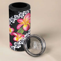 Black Polynesia 4 in 1 Can Cooler Tumbler Plumeria With Hibiscus Pattern Tropical Vibes