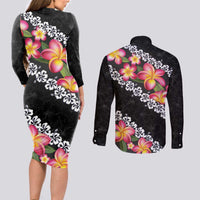 Black Polynesia Couples Matching Long Sleeve Bodycon Dress and Long Sleeve Button Shirt Plumeria With Hibiscus Pattern Tropical Vibes