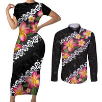 Black Polynesia Couples Matching Short Sleeve Bodycon Dress and Long Sleeve Button Shirt Plumeria With Hibiscus Pattern Tropical Vibes LT14 Black - Polynesian Pride