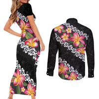 Black Polynesia Couples Matching Short Sleeve Bodycon Dress and Long Sleeve Button Shirt Plumeria With Hibiscus Pattern Tropical Vibes LT14 - Polynesian Pride