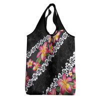 Black Polynesia Grocery Bag Plumeria With Hibiscus Pattern Tropical Vibes