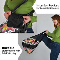 Black Polynesia Grocery Bag Plumeria With Hibiscus Pattern Tropical Vibes