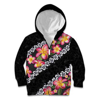 Black Polynesia Kid Hoodie Plumeria With Hibiscus Pattern Tropical Vibes