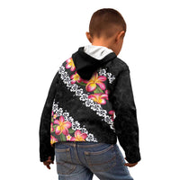 Black Polynesia Kid Hoodie Plumeria With Hibiscus Pattern Tropical Vibes
