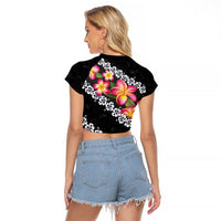 Black Polynesia Raglan Cropped T Shirt Plumeria With Hibiscus Pattern Tropical Vibes
