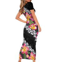 Black Polynesia Short Sleeve Bodycon Dress Plumeria With Hibiscus Pattern Tropical Vibes LT14 - Polynesian Pride