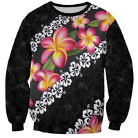 Black Polynesia Sweatshirt Plumeria With Hibiscus Pattern Tropical Vibes
