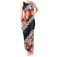 Black Polynesia Tank Maxi Dress Plumeria With Hibiscus Pattern Tropical Vibes