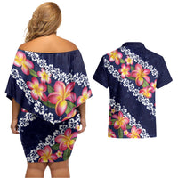 Blue Polynesia Couples Matching Off Shoulder Short Dress and Hawaiian Shirt Plumeria With Hibiscus Pattern Tropical Vibes
