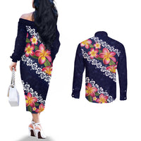 Blue Polynesia Couples Matching Off The Shoulder Long Sleeve Dress and Long Sleeve Button Shirt Plumeria With Hibiscus Pattern Tropical Vibes