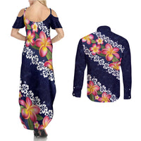 Blue Polynesia Couples Matching Summer Maxi Dress and Long Sleeve Button Shirt Plumeria With Hibiscus Pattern Tropical Vibes