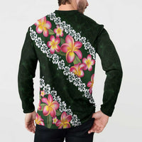 Green Polynesia Button Sweatshirt Plumeria With Hibiscus Pattern Tropical Vibes